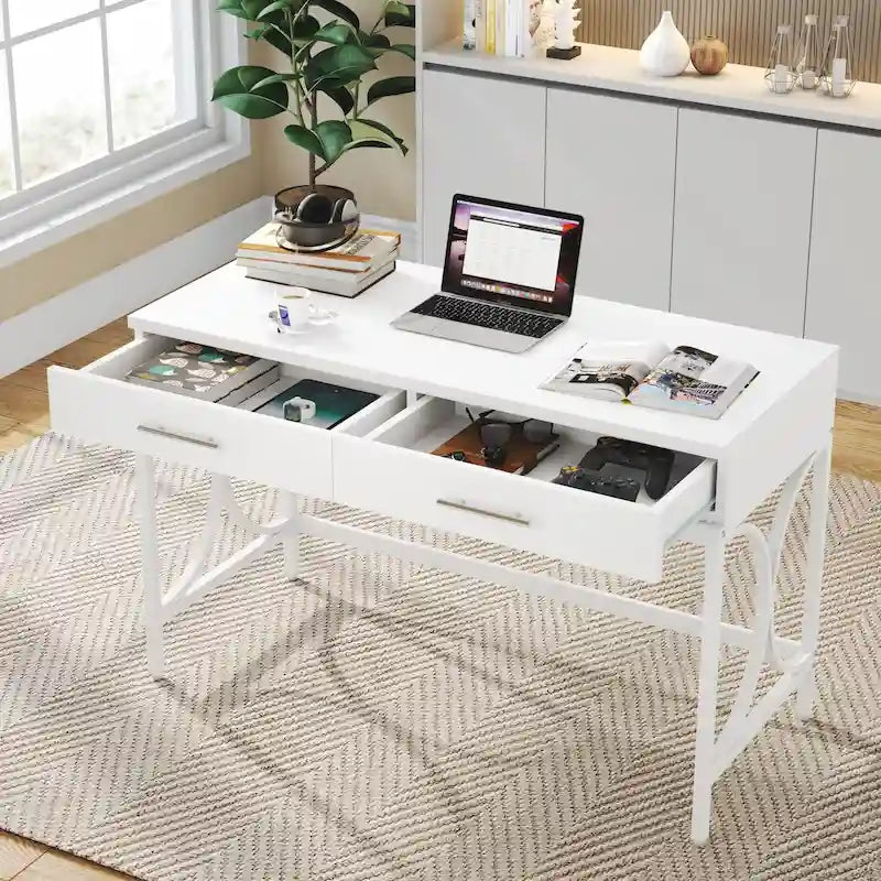 Bureau informatique moderne avec 2 tiroirs, Bureau de maison/bureau blanc et doré, Coiffeuse/Table de maquillage