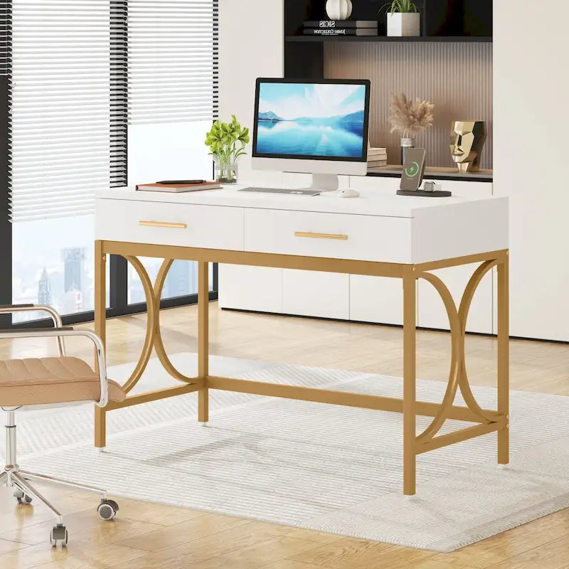 Bureau informatique moderne avec 2 tiroirs, Bureau de maison/bureau blanc et doré, Coiffeuse/Table de maquillage