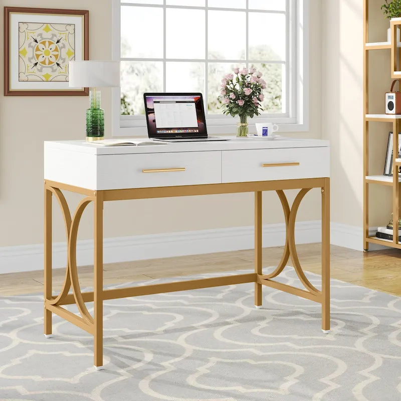 Bureau informatique moderne avec 2 tiroirs, Bureau de maison/bureau blanc et doré, Coiffeuse/Table de maquillage
