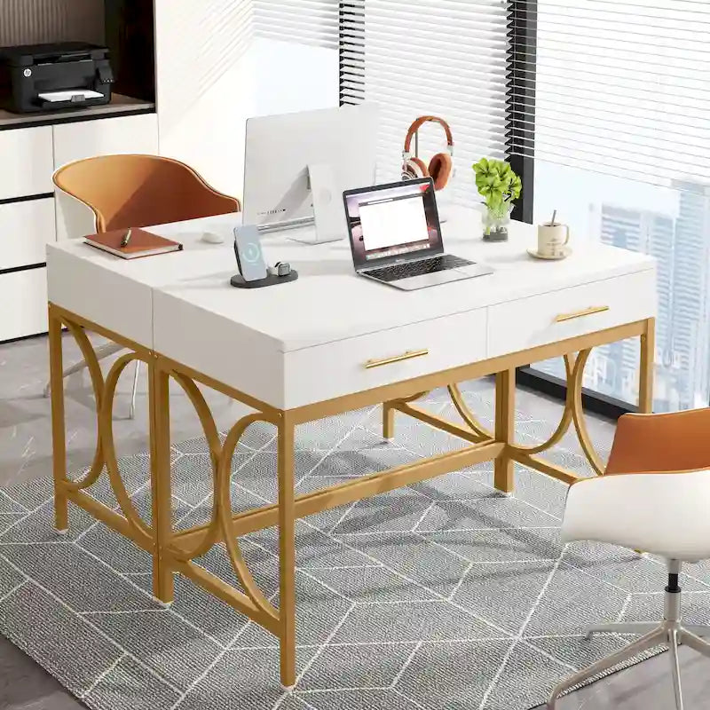 Bureau informatique moderne avec 2 tiroirs, Bureau de maison/bureau blanc et doré, Coiffeuse/Table de maquillage