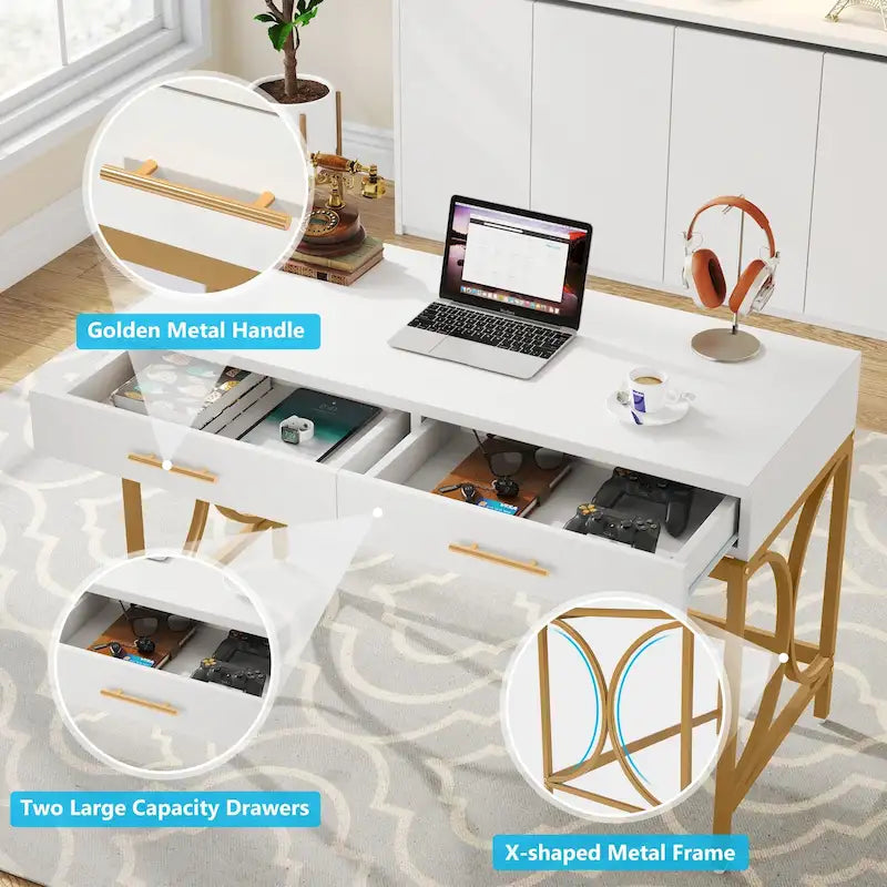 Bureau informatique moderne avec 2 tiroirs, Bureau de maison/bureau blanc et doré, Coiffeuse/Table de maquillage
