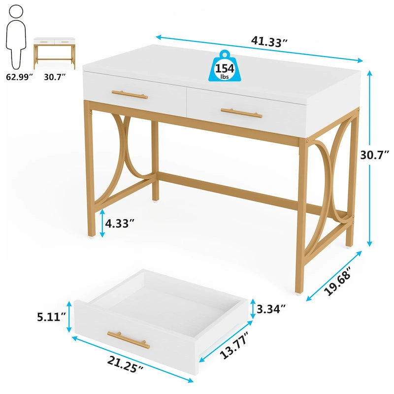 Bureau informatique moderne avec 2 tiroirs, Bureau de maison/bureau blanc et doré, Coiffeuse/Table de maquillage