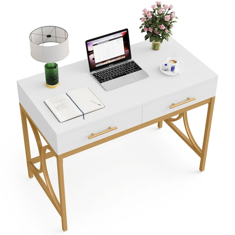Bureau informatique moderne avec 2 tiroirs, Bureau de maison/bureau blanc et doré, Coiffeuse/Table de maquillage