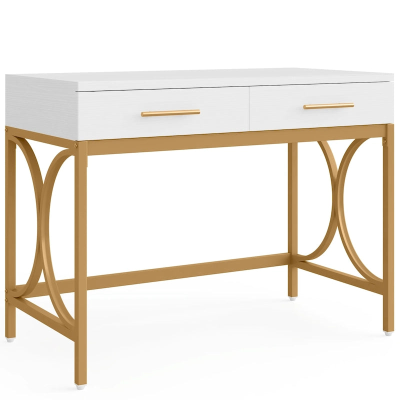 Bureau informatique moderne avec 2 tiroirs, Bureau de maison/bureau blanc et doré, Coiffeuse/Table de maquillage