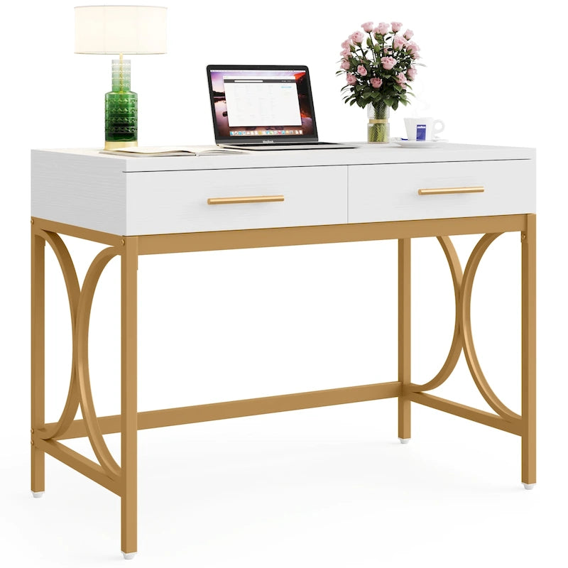 Bureau informatique moderne avec 2 tiroirs, Bureau de maison/bureau blanc et doré, Coiffeuse/Table de maquillage