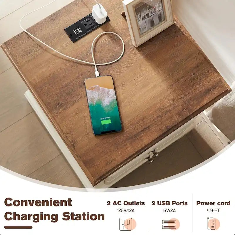 Table de chevet en bois vintage avec station de recharge, table d'appoint
