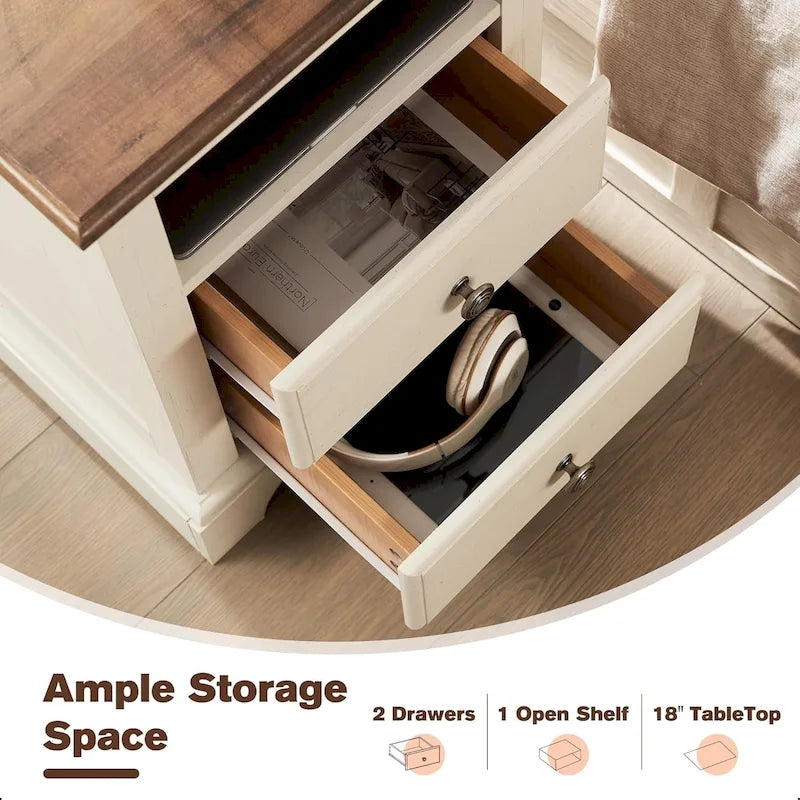 Table de chevet en bois vintage avec station de recharge, table d'appoint