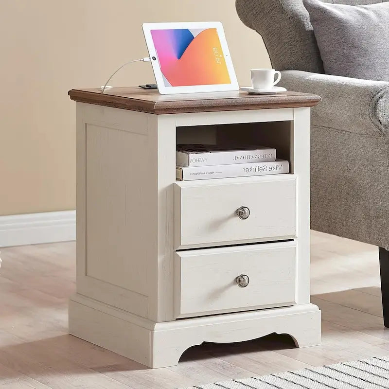 Table de chevet en bois vintage avec station de recharge, table d'appoint