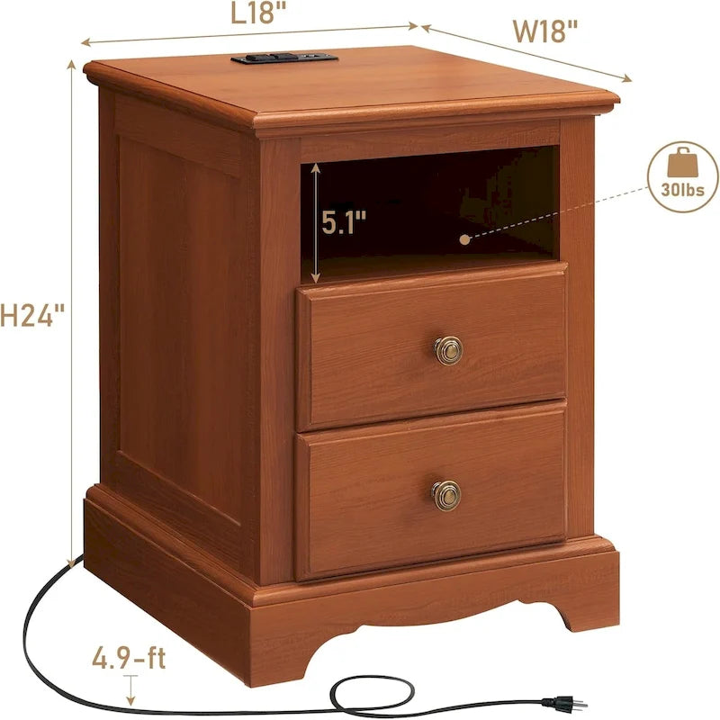 Table de chevet en bois vintage avec station de recharge, table d'appoint