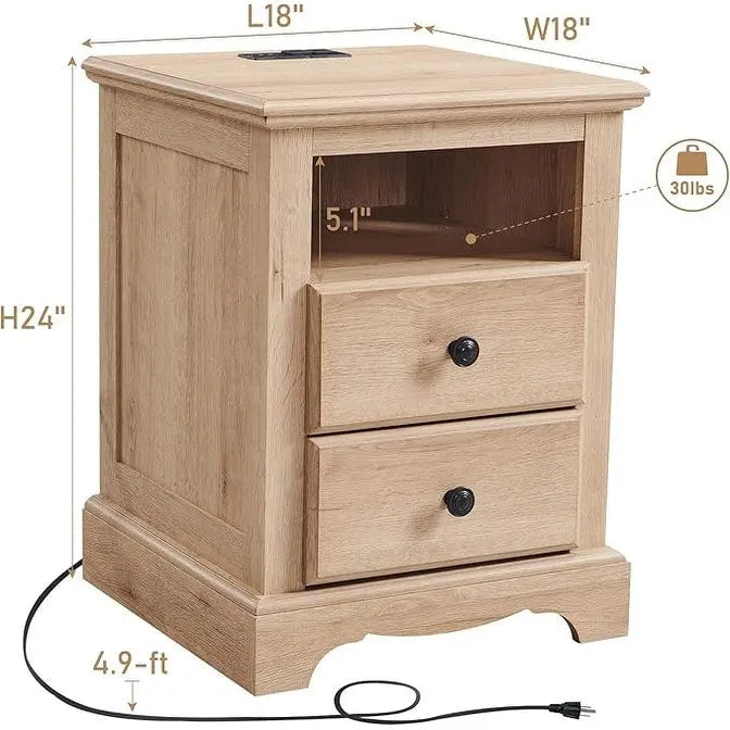 Table de chevet en bois vintage avec station de recharge, table d'appoint