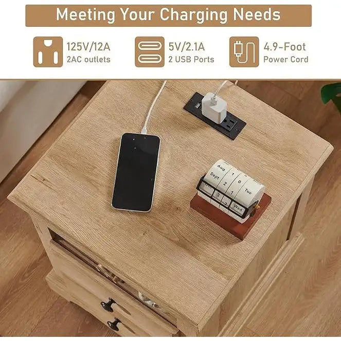 Table de chevet en bois vintage avec station de recharge, table d'appoint