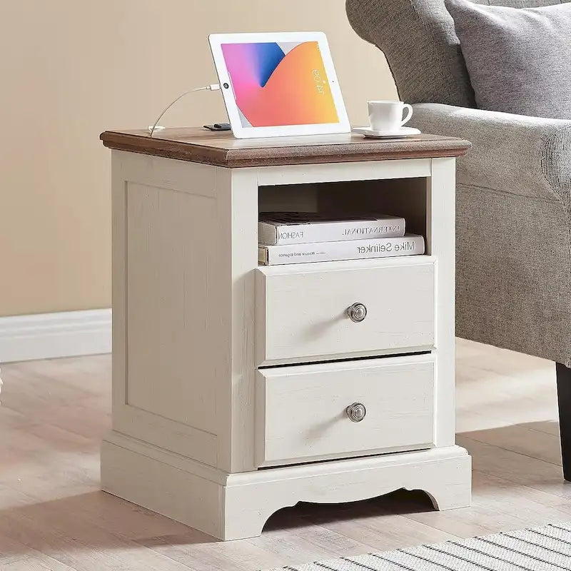 Table de chevet en bois vintage avec station de recharge, table d'appoint