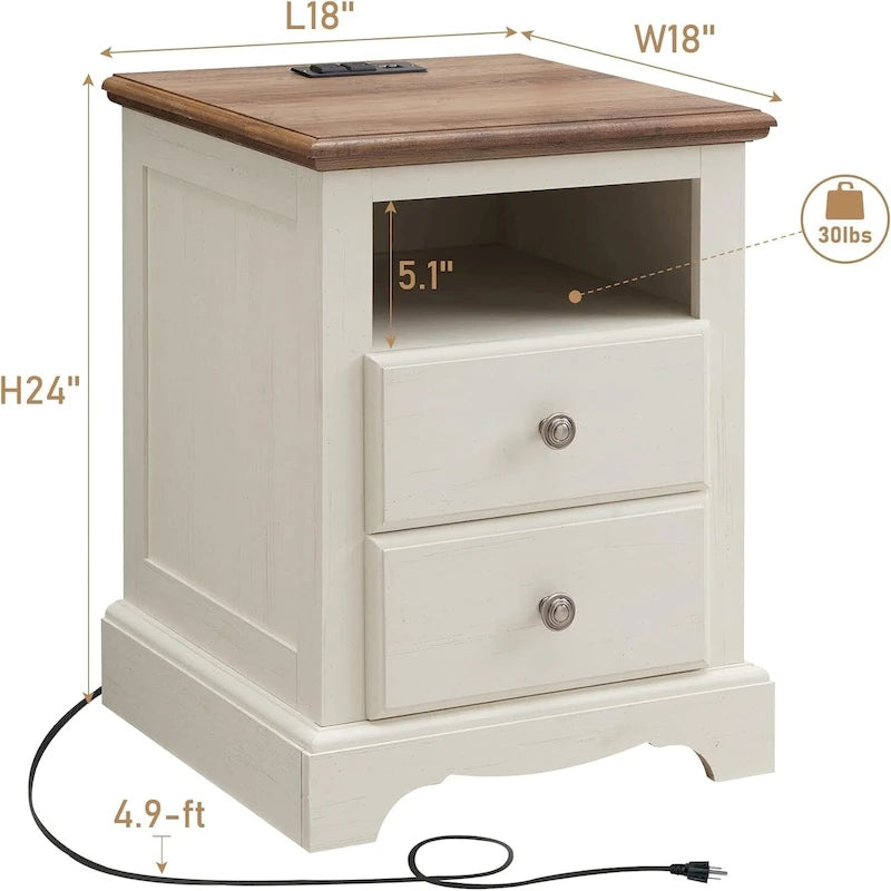 Table de chevet en bois vintage avec station de recharge, table d'appoint
