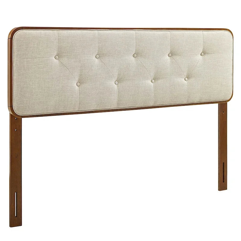Tête de lit en bois de noyer de taille Queen, capitonnée en tissu beige traditionnel
