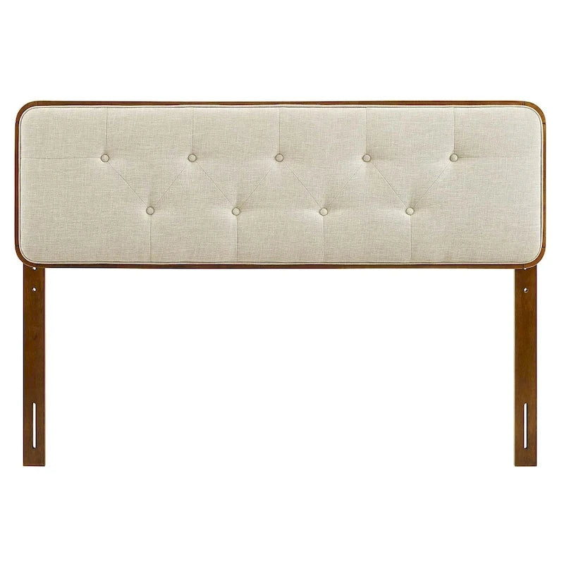 Tête de lit en bois de noyer de taille Queen, capitonnée en tissu beige traditionnel