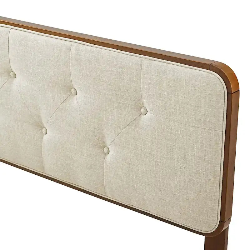 Tête de lit en bois de noyer de taille Queen, capitonnée en tissu beige traditionnel