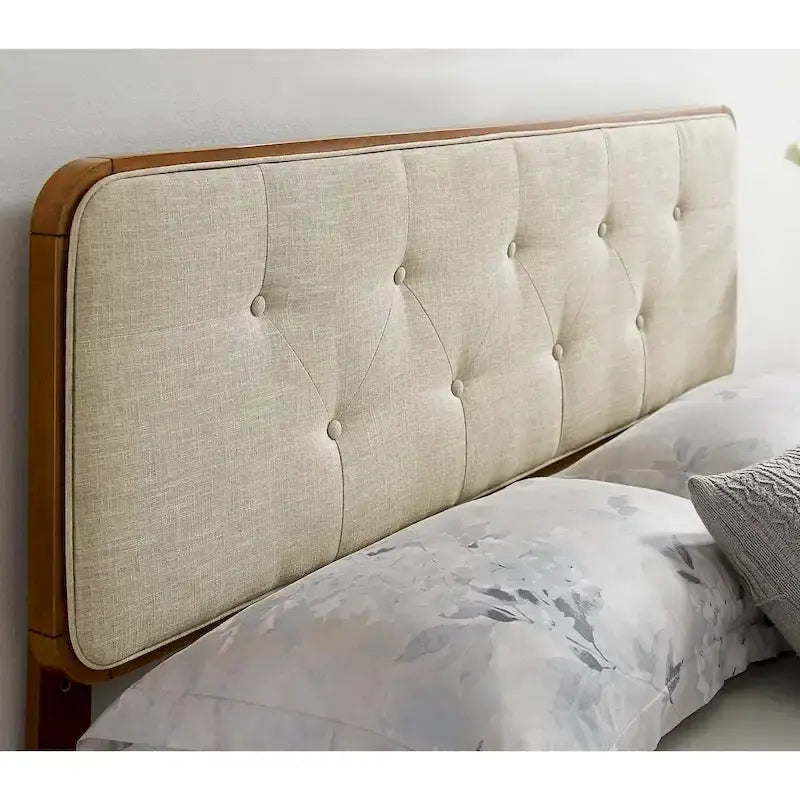 Tête de lit en bois de noyer de taille Queen, capitonnée en tissu beige traditionnel