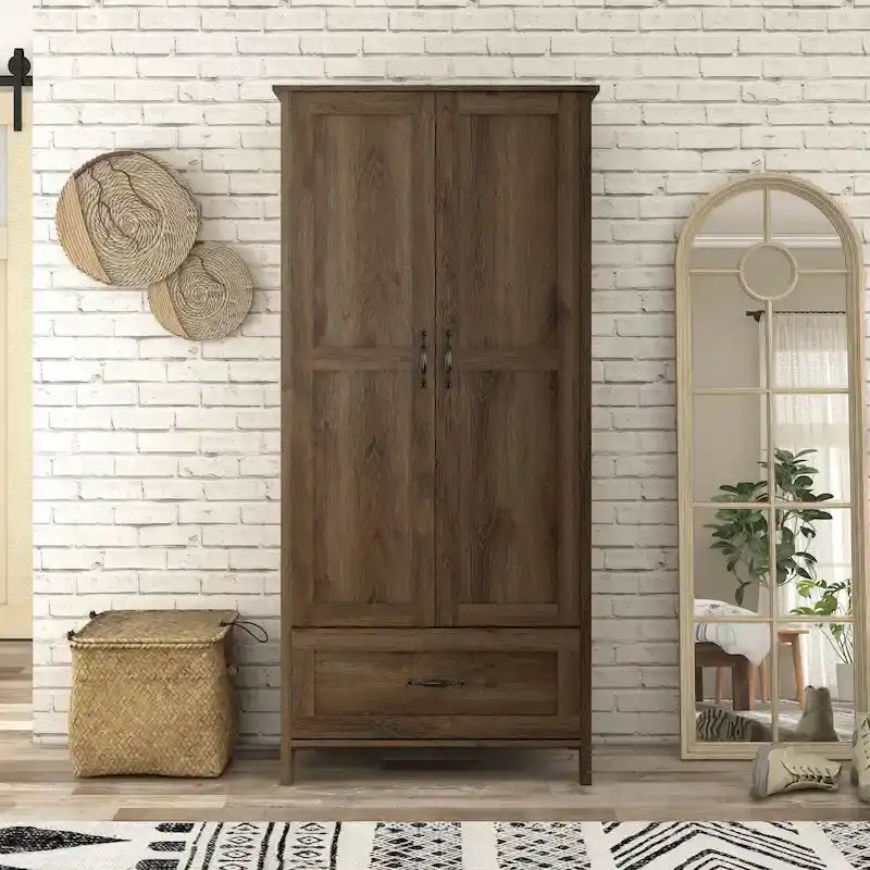Armoire penderie double battant en noyer vieilli rustique avec 1 tiroir