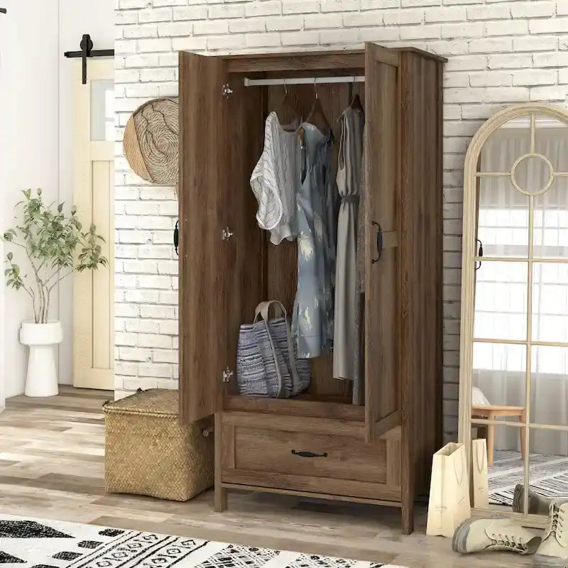 Armoire penderie double battant en noyer vieilli rustique avec 1 tiroir