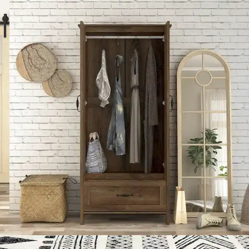Armoire penderie double battant en noyer vieilli rustique avec 1 tiroir