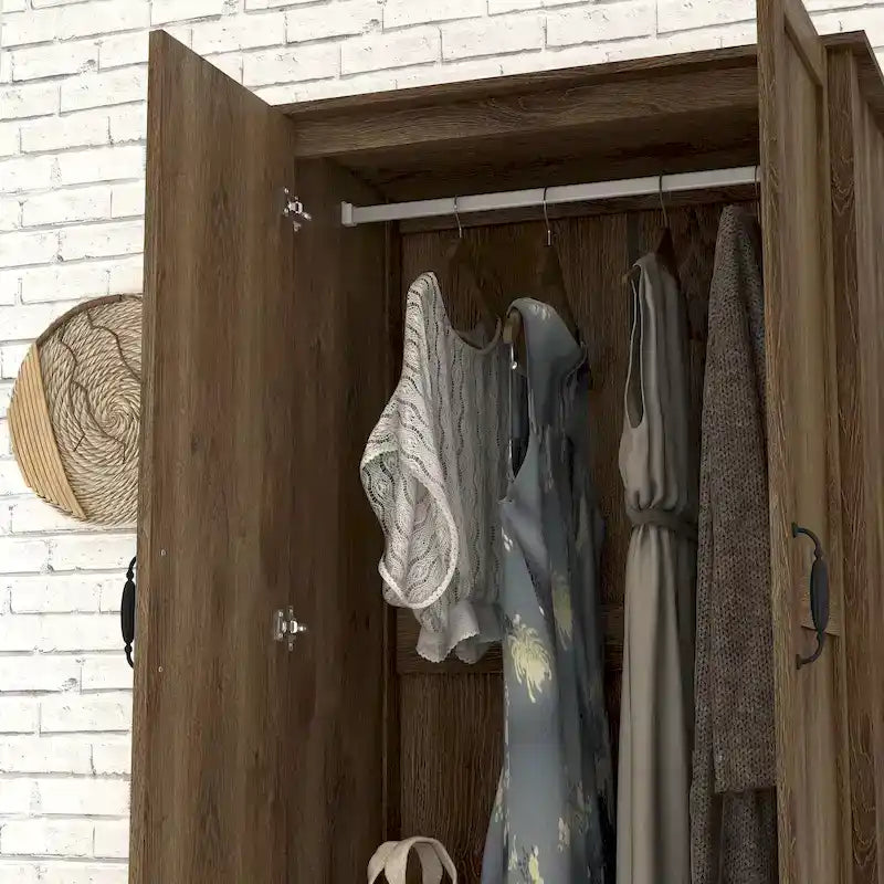 Armoire penderie double battant en noyer vieilli rustique avec 1 tiroir
