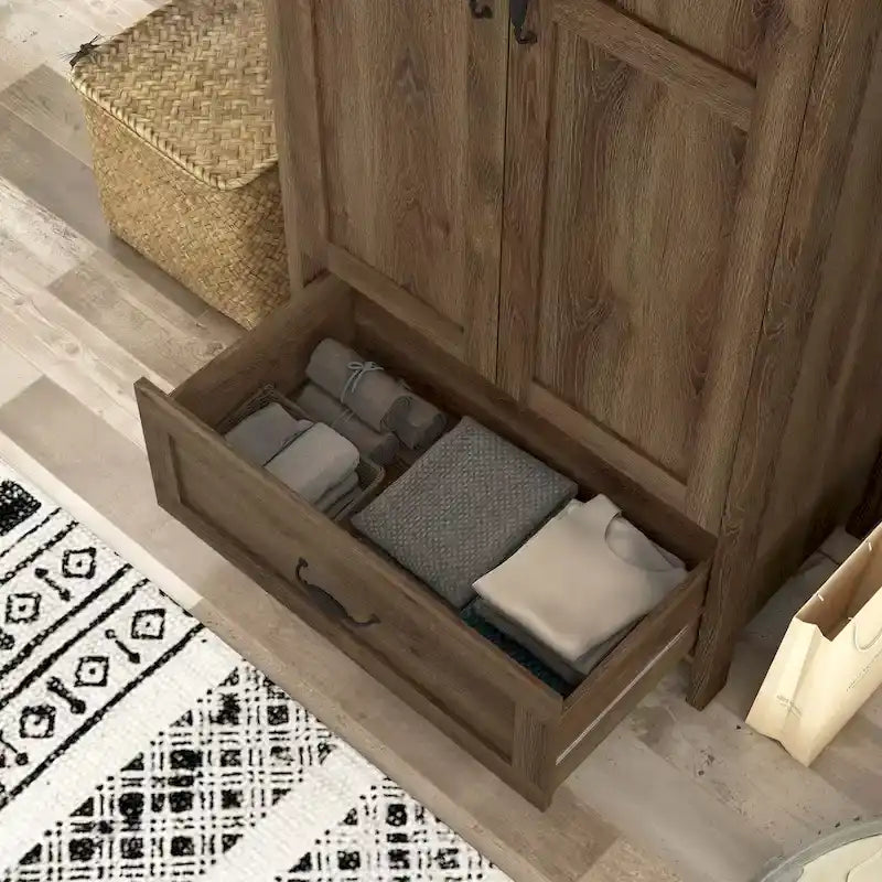 Armoire penderie double battant en noyer vieilli rustique avec 1 tiroir