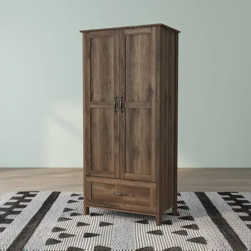 Armoire penderie double battant en noyer vieilli rustique avec 1 tiroir