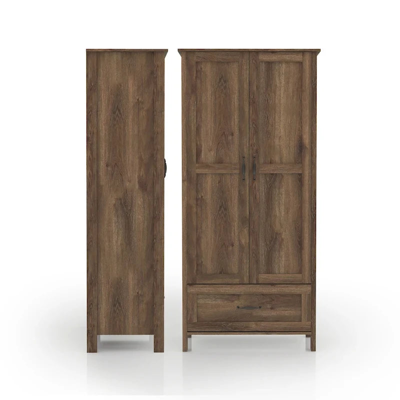 Armoire penderie double battant en noyer vieilli rustique avec 1 tiroir