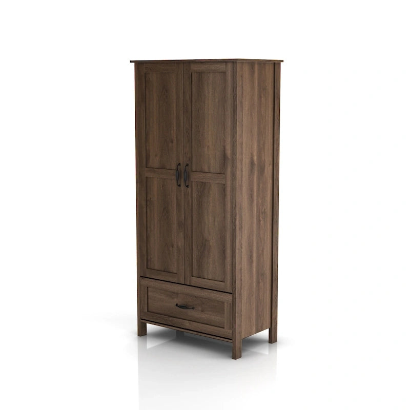 Armoire penderie double battant en noyer vieilli rustique avec 1 tiroir