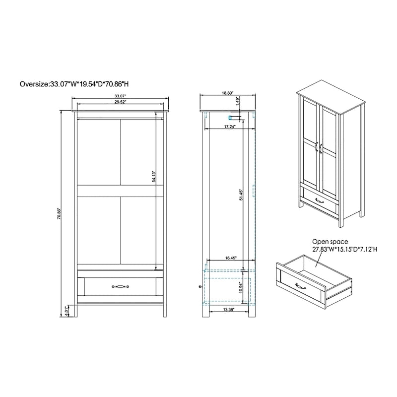 Armoire penderie double battant en noyer vieilli rustique avec 1 tiroir