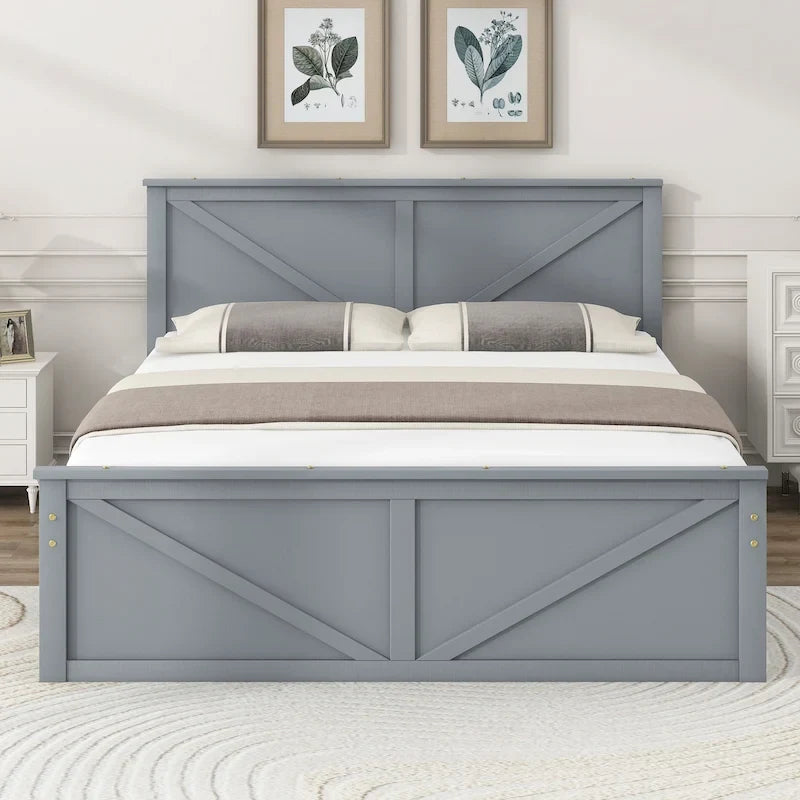 Lit plateforme double en bois avec quatre tiroirs de rangement et pieds de soutien, gris