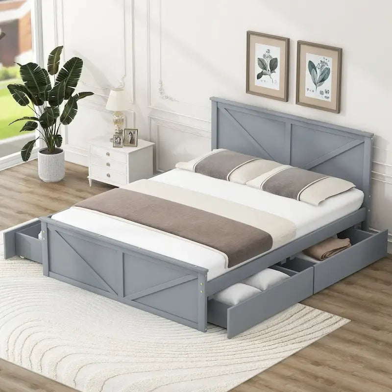 Lit plateforme double en bois avec quatre tiroirs de rangement et pieds de soutien, gris