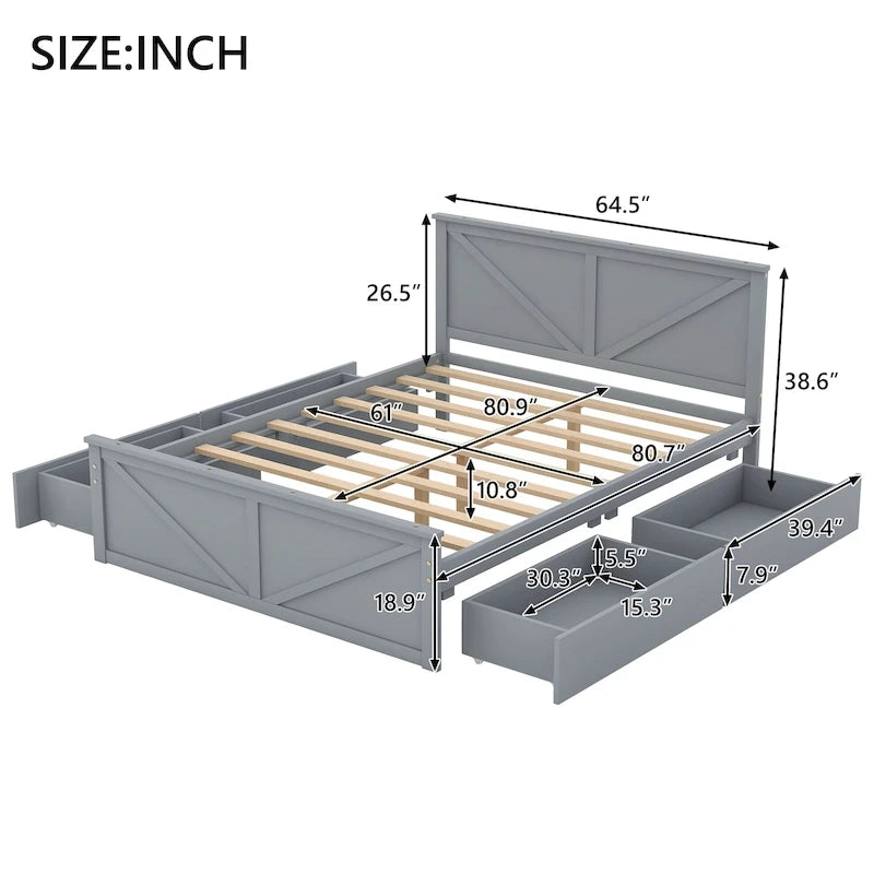 Lit plateforme double en bois avec quatre tiroirs de rangement et pieds de soutien, gris
