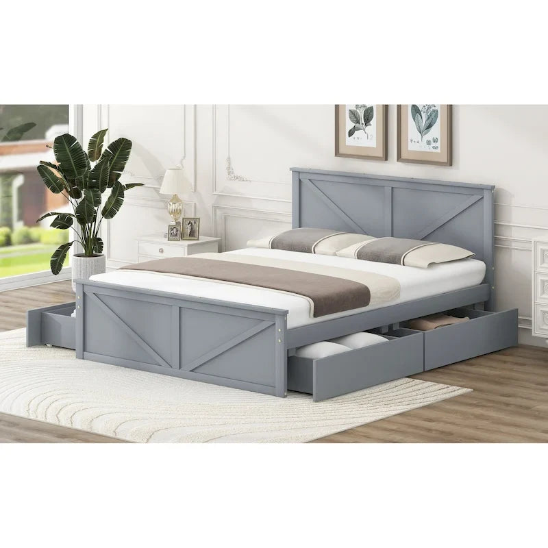 Lit plateforme double en bois avec quatre tiroirs de rangement et pieds de soutien, gris
