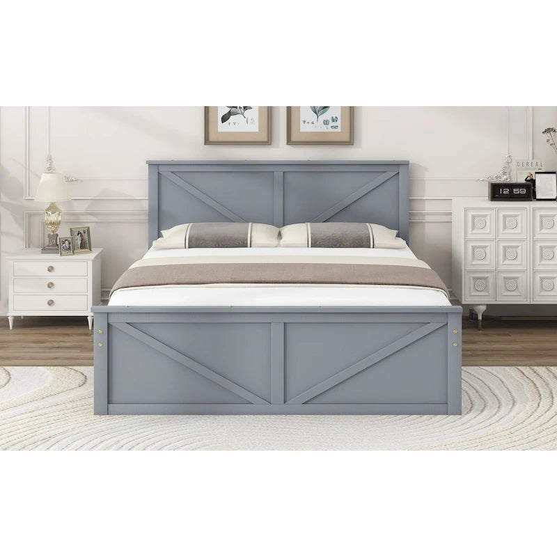 Lit plateforme double en bois avec quatre tiroirs de rangement et pieds de soutien, gris