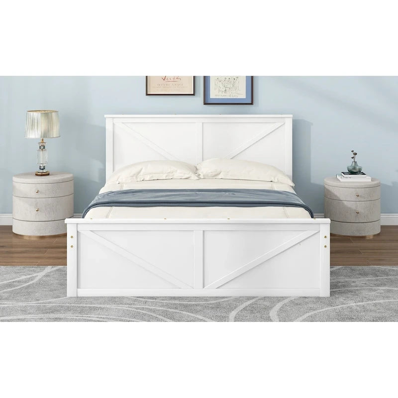 Lit plateforme double en bois avec quatre tiroirs de rangement et pieds de soutien, gris