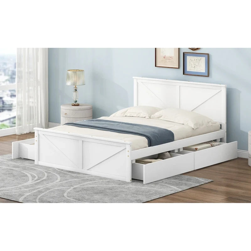 Lit plateforme double en bois avec quatre tiroirs de rangement et pieds de soutien, gris