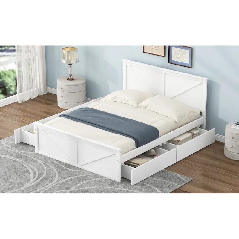 Lit plateforme double en bois avec quatre tiroirs de rangement et pieds de soutien, gris
