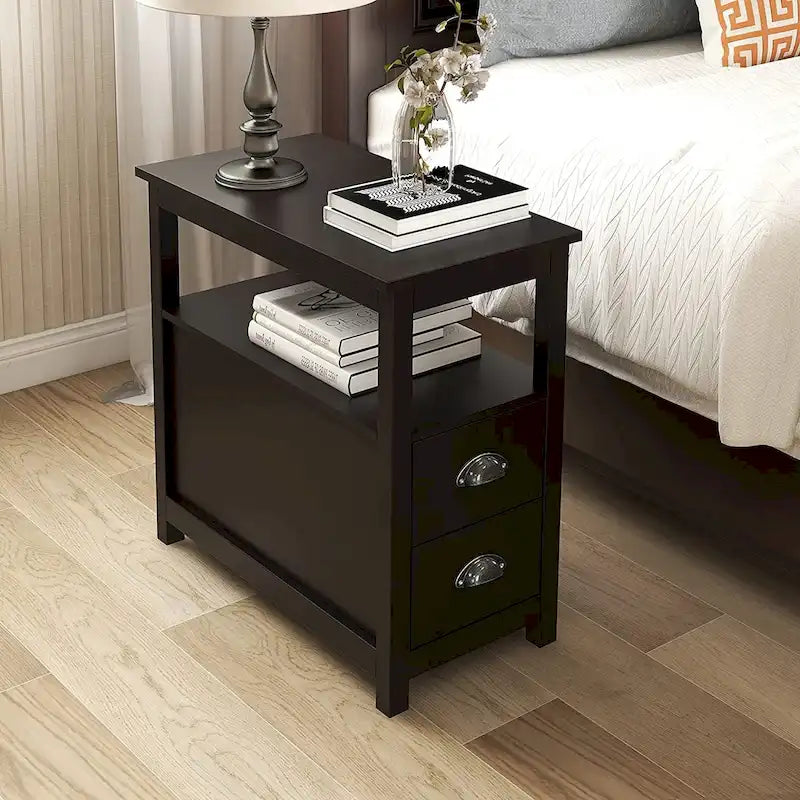 Table d'appoint de salon étroite rustique avec 2 tiroirs et 1 étagère ouverte pour petits espaces - N/A