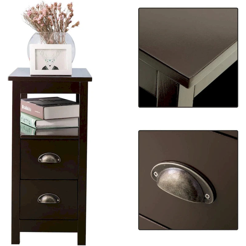Table d'appoint de salon étroite rustique avec 2 tiroirs et 1 étagère ouverte pour petits espaces - N/A