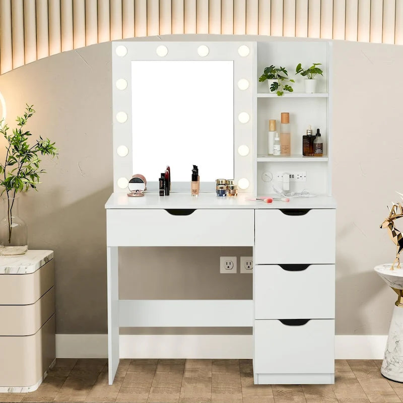 Coiffeuse blanche avec miroir et lumières - 15,2P x 35,4L x 55,1H