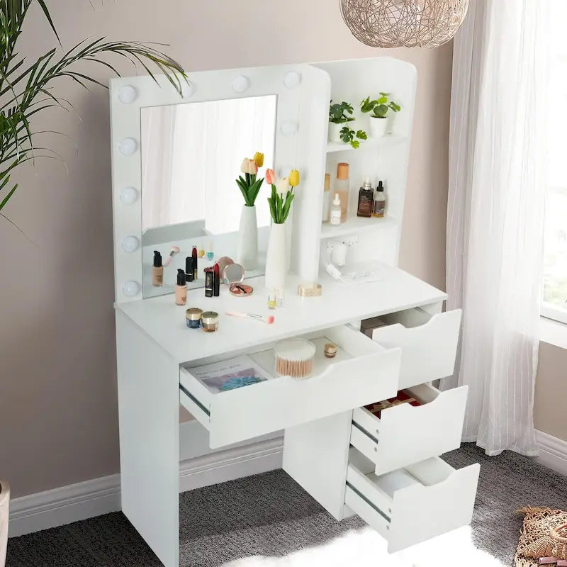 Coiffeuse blanche avec miroir et lumières - 15,2P x 35,4L x 55,1H