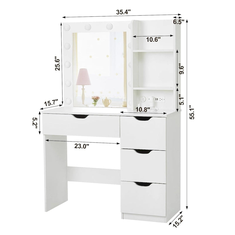 Coiffeuse blanche avec miroir et lumières - 15,2P x 35,4L x 55,1H