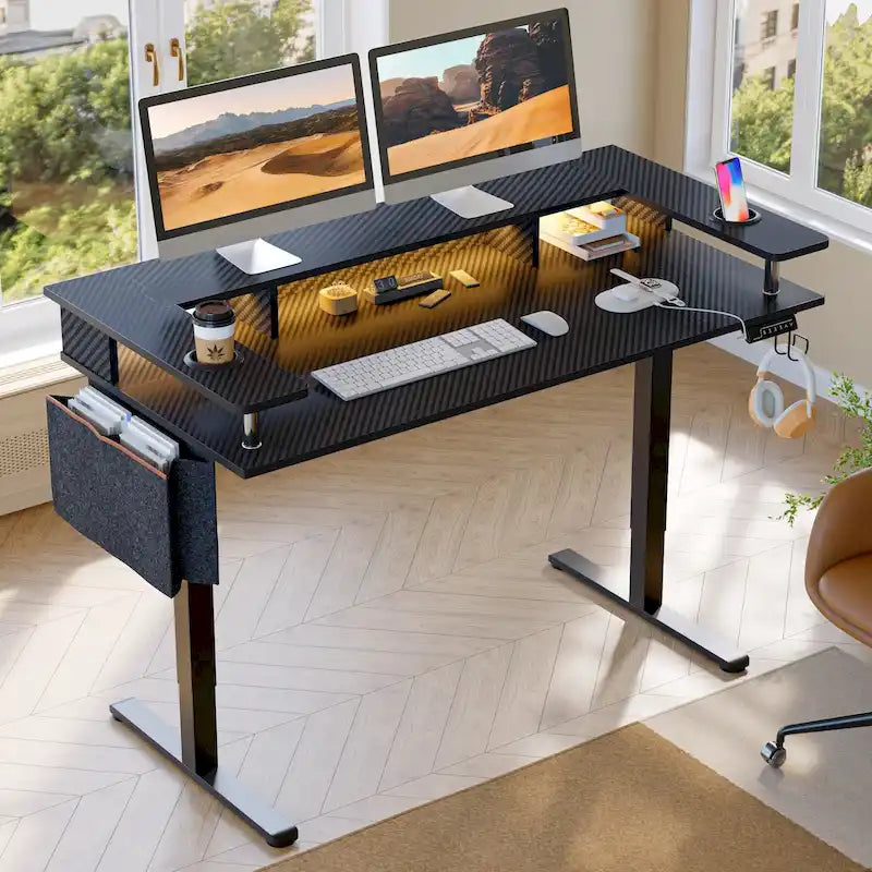 Bureau électrique debout à hauteur réglable avec rangement et support d'écran