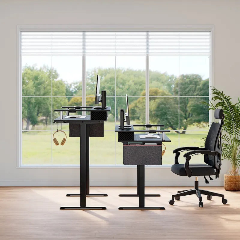 Bureau électrique debout à hauteur réglable avec rangement et support d'écran