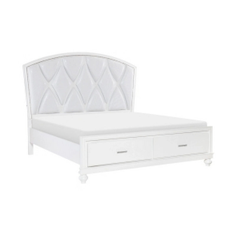 Lit plateforme Queen, accents LED, revêtement en similicuir argenté, blanc