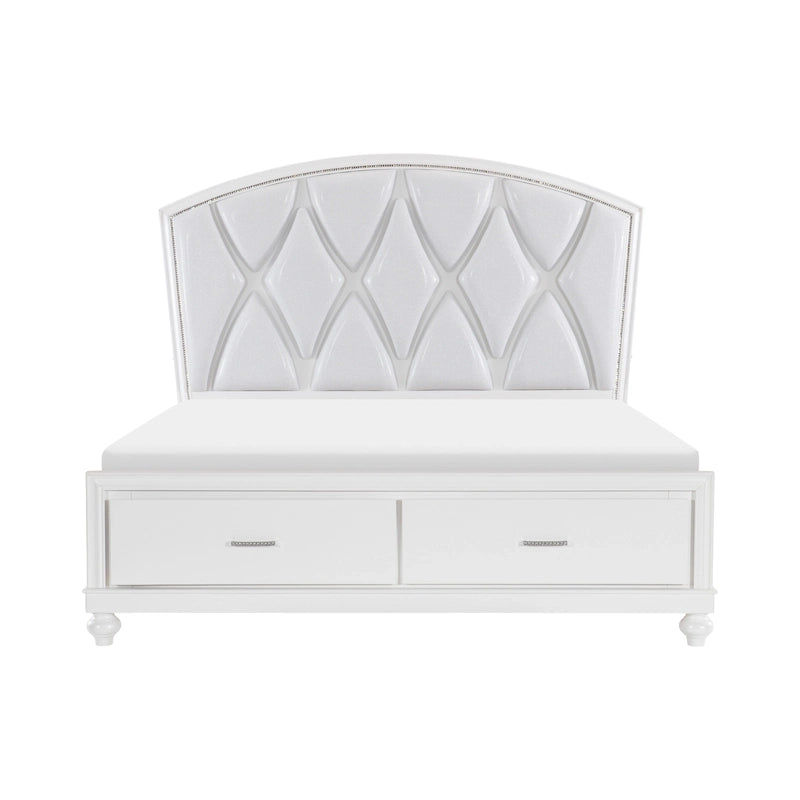 Lit plateforme Queen, accents LED, revêtement en similicuir argenté, blanc
