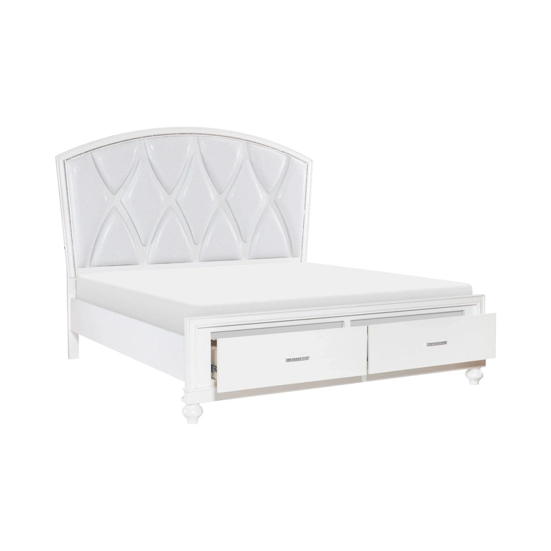 Lit plateforme Queen, accents LED, revêtement en similicuir argenté, blanc