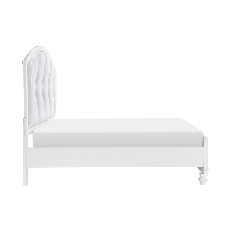 Lit plateforme Queen, accents LED, revêtement en similicuir argenté, blanc
