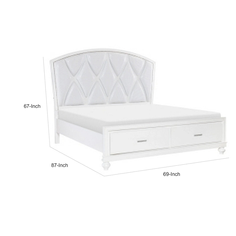 Lit plateforme Queen, accents LED, revêtement en similicuir argenté, blanc